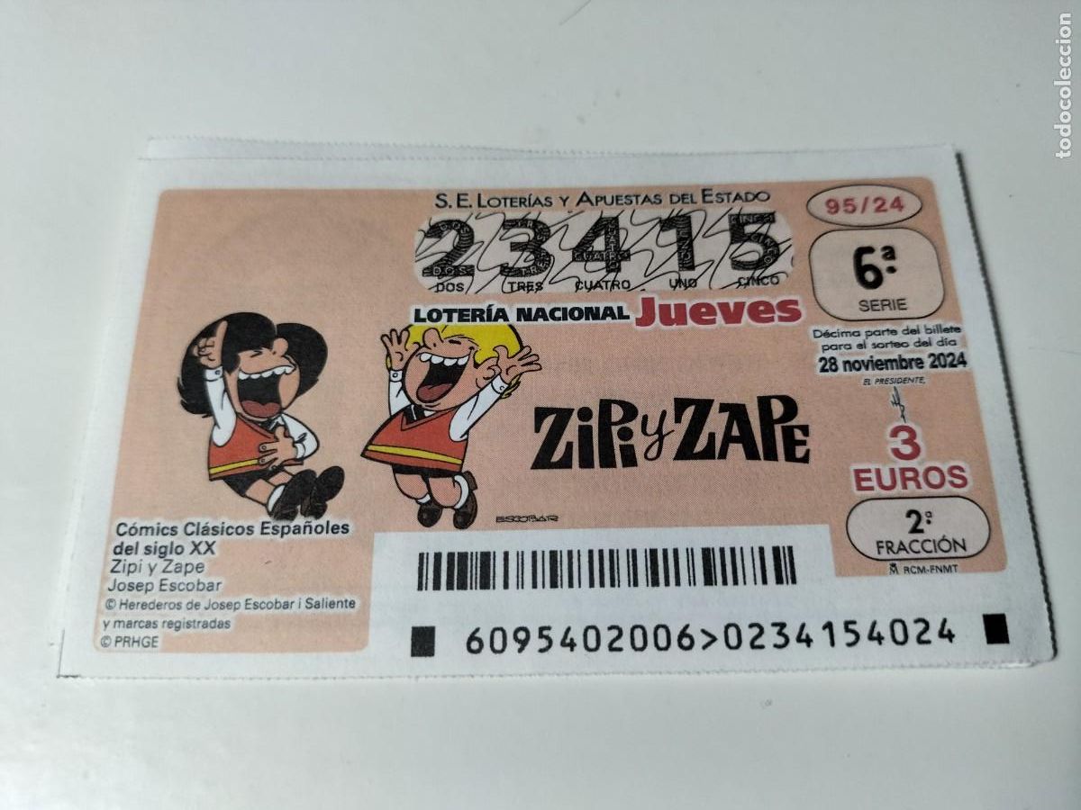 Loter&iacute;a Nacional: 1 D&Eacute;CIMO LOTERIA JUEVES - 28 NOVIEMBRE 2024 - 95/24 - ZIPI Y ZAPE - COMICS CLASICOS