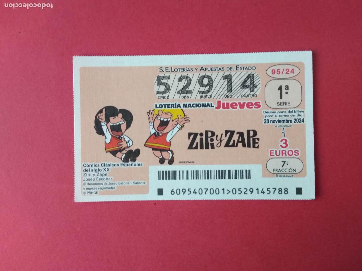 Loter&iacute;a Nacional: DECIMO DE LOTERIA NACIONAL DEL JUEVES COMICS CLASICOS ESPA&Ntilde;OLES A&Ntilde;O 2024 SORTEO N&ordm; 95 ZIPI Y ZAPE