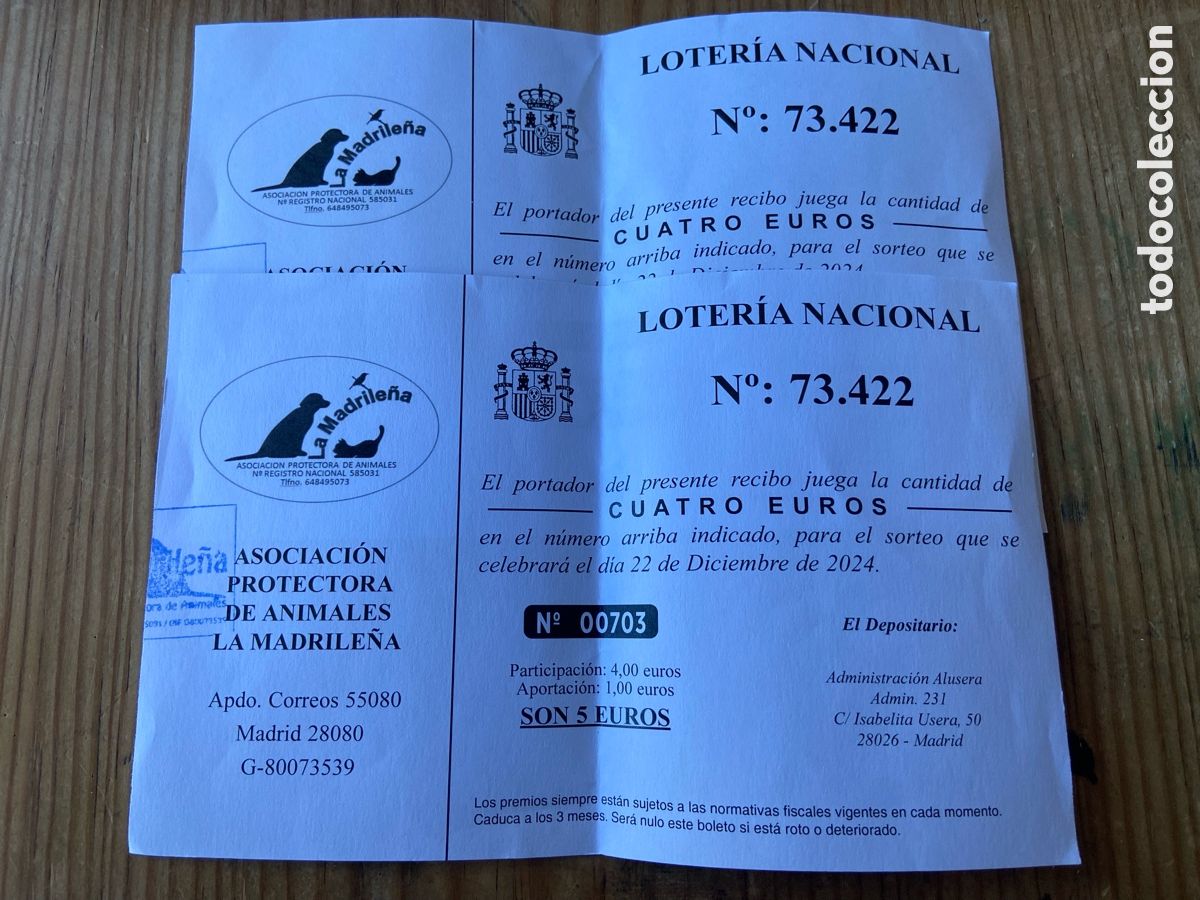 Loter&iacute;a Nacional: R27969 LOTE 2 PARTICIPACIONES DECIMOS CUPONES LOTERIA NACIONAL DE NAVIDAD # 73422 (22-12-2024)