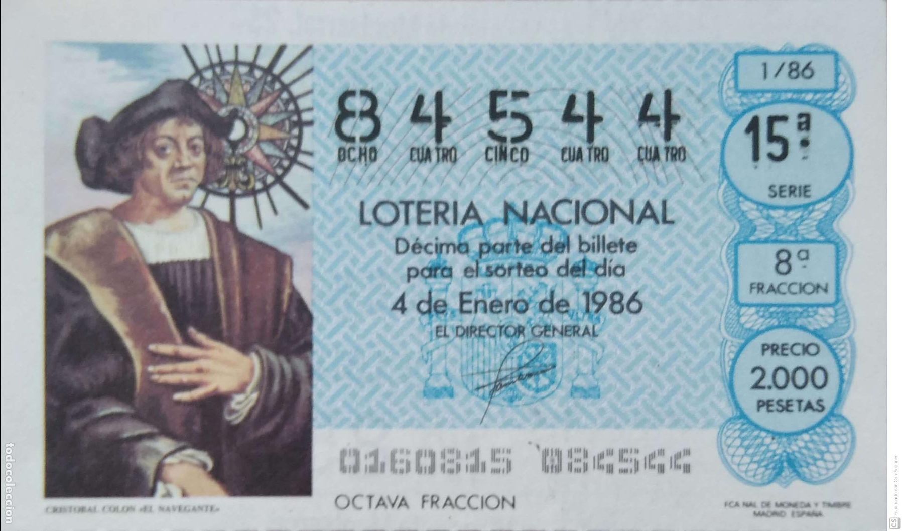 Loter&iacute;a Nacional: Espa&ntilde;a. Loter&iacute;a. 1986. Sorteo: 1 Crist&oacute;bal Col&oacute;n, El Navegante. Fecha: 4 Enero.