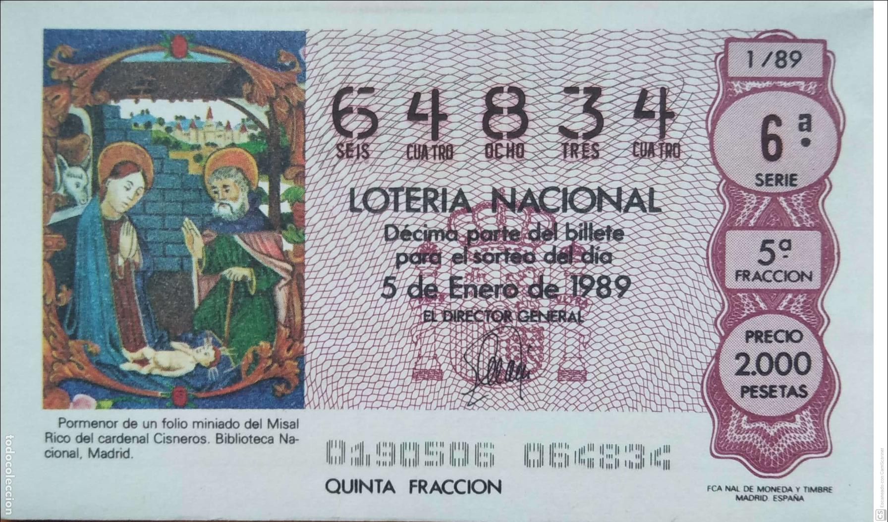 Loter&iacute;a Nacional: Espa&ntilde;a. Loter&iacute;a. 1989. Sorteo: 1 Folio miniado del Misal Rico del cardenal Cisneros. Fecha: 4 Febr