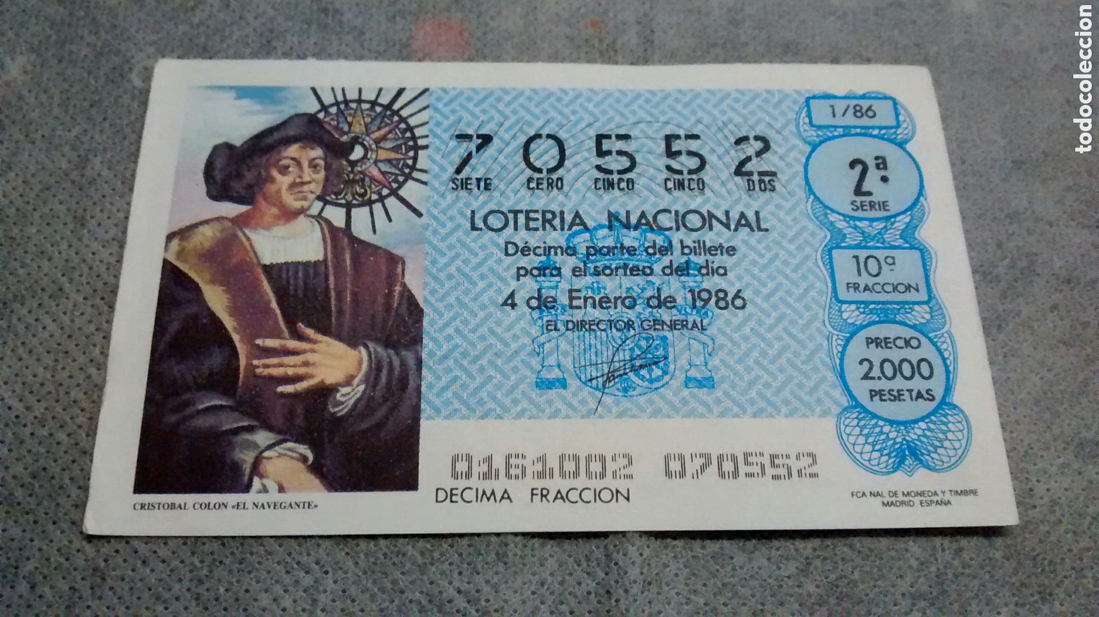 Loter&iacute;a Nacional: DECIMO DE LA LOTERIA NACIONAL. SORTEO 4 ENERO 1986 1/86 CRISTOBAL COLON EL NAVEGANTE