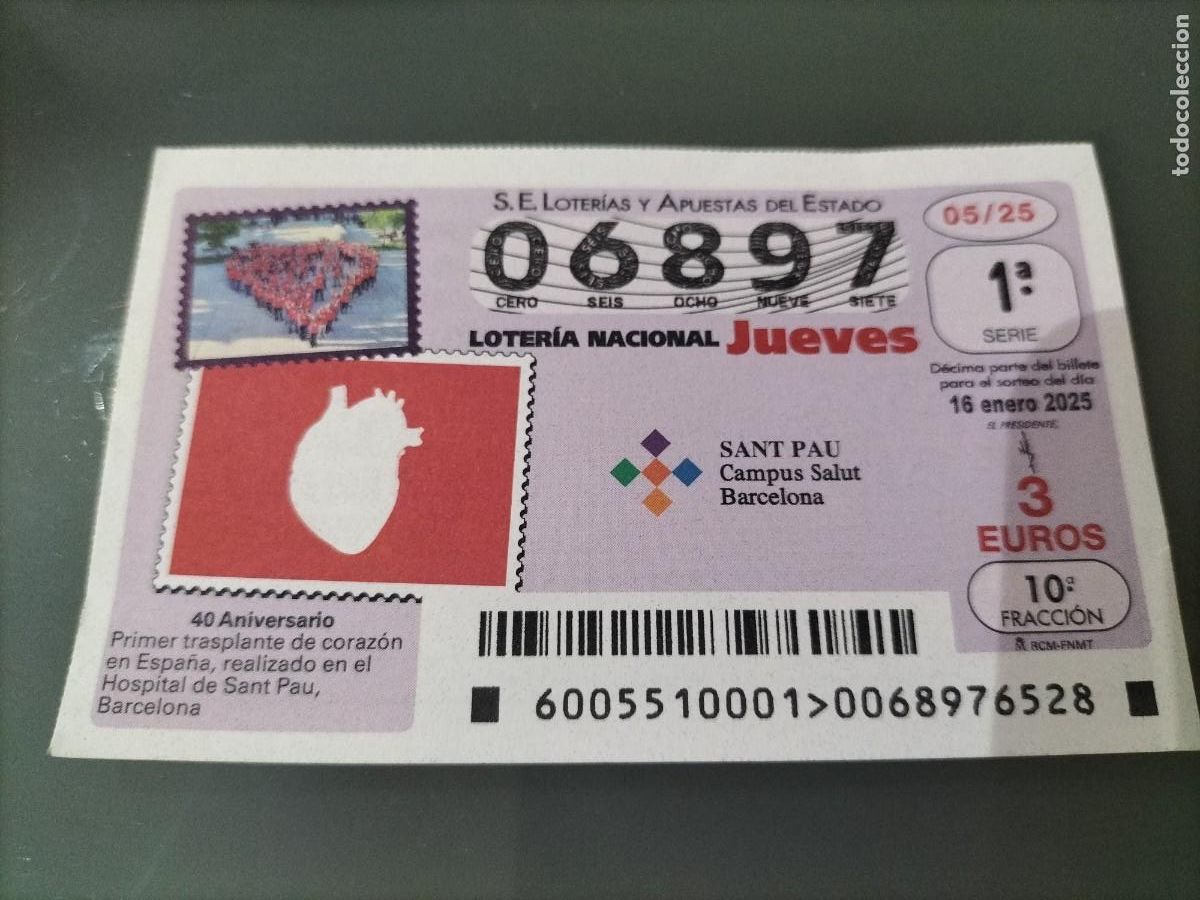 Loterie Nationale: 1 D&Eacute;CIMO LOTERIA JUEVES 16 ENERO 2025 - 5/25 - 40 ANIV PRIMER TRANSPLANTE CORAZON SANT PAU BARCELONA
