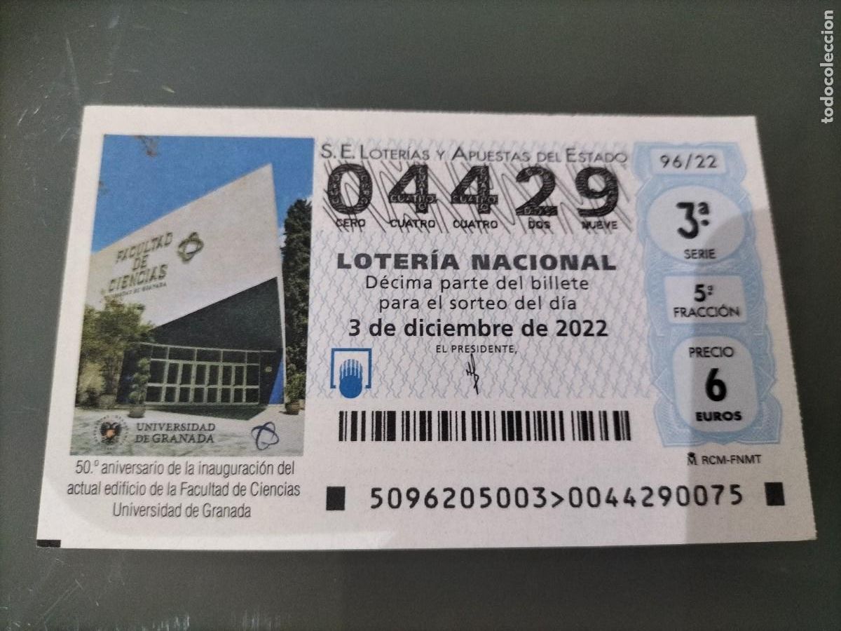 Loterie Nationale: 1 DECIMO LOTERIA SABADO 3 DICIEMBRE 2022 - 96/22 - GRANADA 50 ANIV FACULTAD DE CIENCIAS UNIVERSIDAD