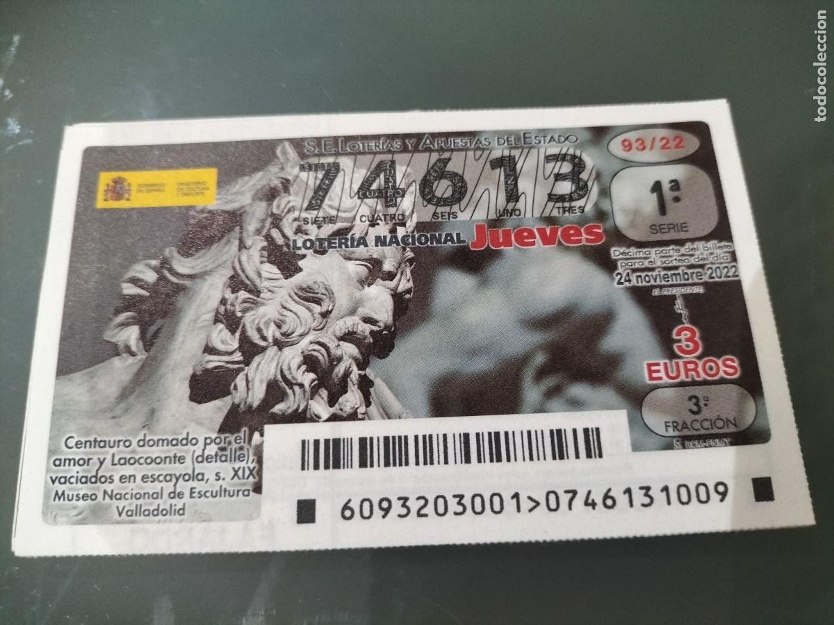 Loterie Nationale: 1 DECIMO LOTERIA JUEVES 24 NOVIEMBRE 2022 93/22 - ESCULTURA CENTAURO DOMADO POR EL AMOR Y LAOCONTE