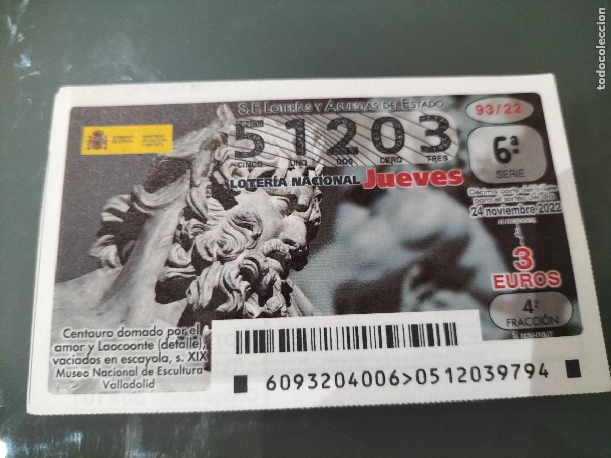 Loterie Nationale: 1 DECIMO LOTERIA JUEVES 24 NOVIEMBRE 2022 93/22 - ESCULTURA CENTAURO DOMADO POR EL AMOR Y LAOCONTE