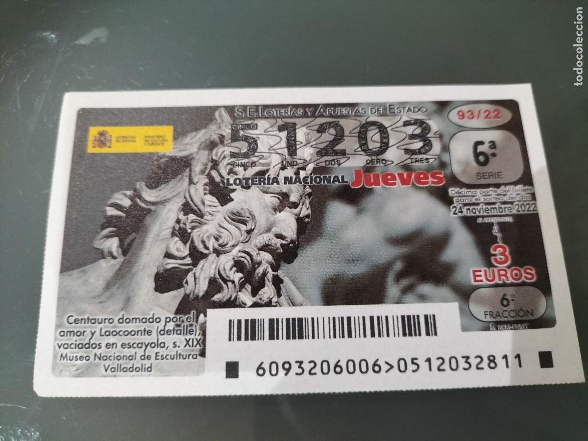Loterie Nationale: 1 DECIMO LOTERIA JUEVES 24 NOVIEMBRE 2022 93/22 - ESCULTURA CENTAURO DOMADO POR EL AMOR Y LAOCONTE