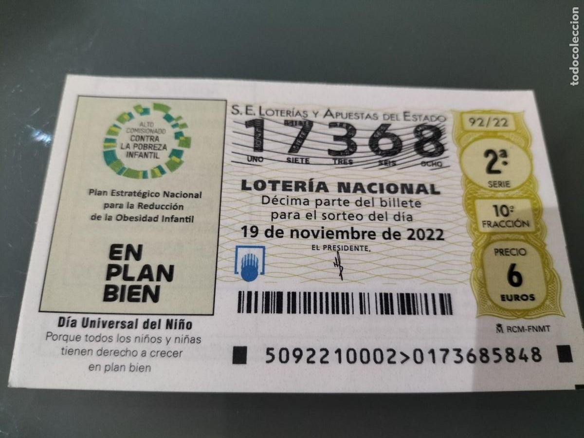 Loterie Nationale: 1 DECIMO LOTERIA SABADO - 19 NOVIEMBRE 2022 - 92/22 - DIA UNIVERSAL DEL NI&Ntilde;O