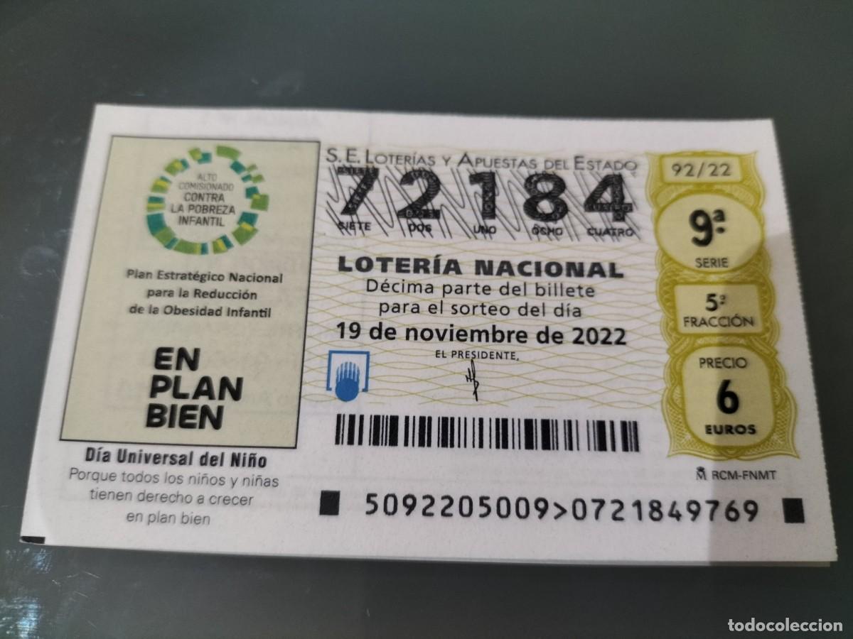 Loterie Nationale: 1 DECIMO LOTERIA SABADO - 19 NOVIEMBRE 2022 - 92/22 - DIA UNIVERSAL DEL NI&Ntilde;O