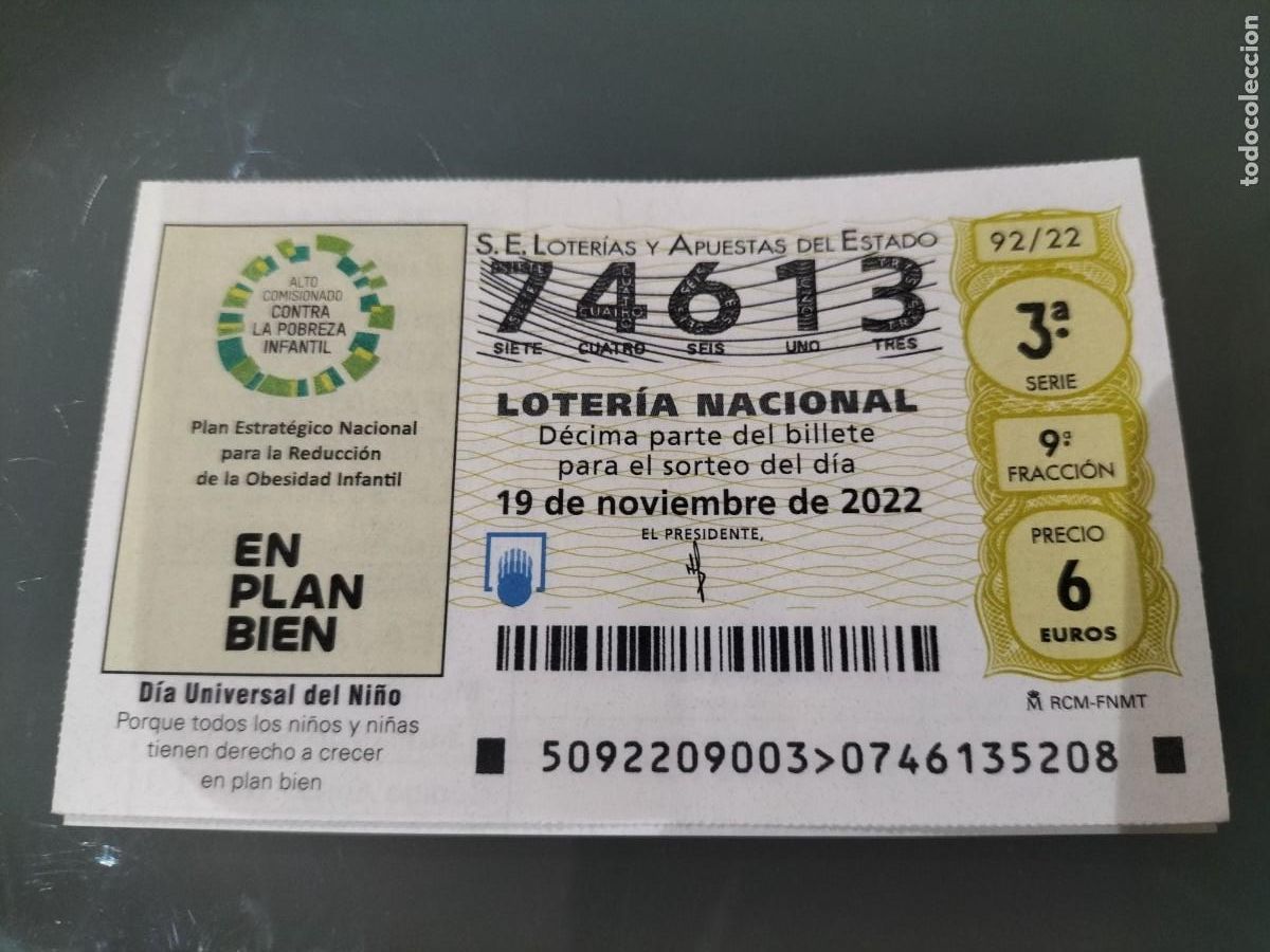 Loterie Nationale: 1 DECIMO LOTERIA SABADO - 19 NOVIEMBRE 2022 - 92/22 - DIA UNIVERSAL DEL NI&Ntilde;O