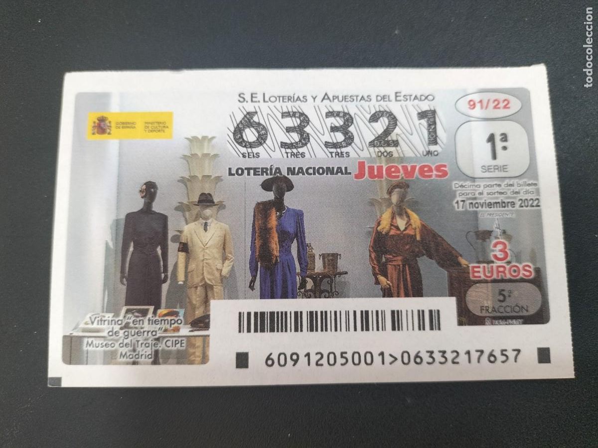 Loterie Nationale: 1 DECIMO LOTERIA JUEVES 17 NOVIEMBRE 2022 91/22 VITRINA EN TIEMPO DE GUERRA - MUSEO DEL TRAJE MADRID