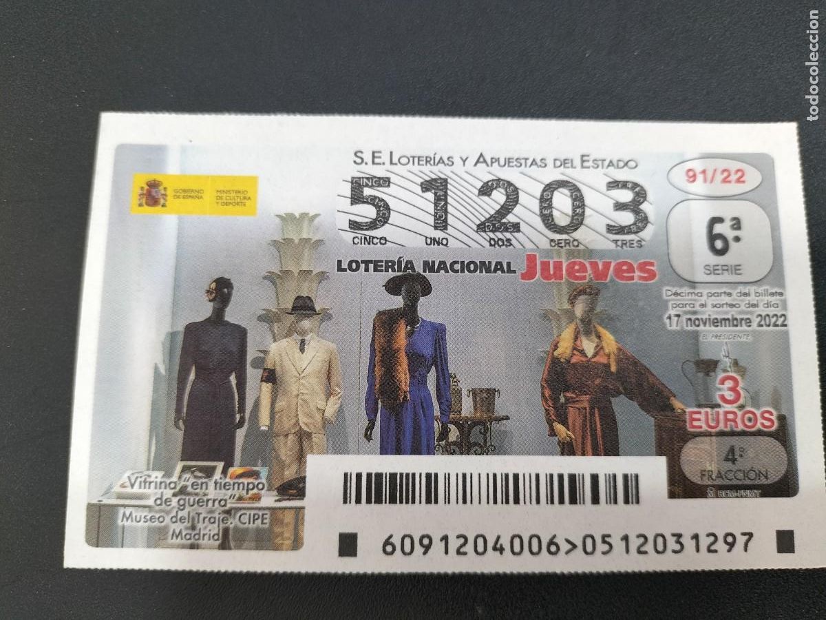 Loterie Nationale: 1 DECIMO LOTERIA JUEVES 17 NOVIEMBRE 2022 91/22 VITRINA EN TIEMPO DE GUERRA - MUSEO DEL TRAJE MADRID