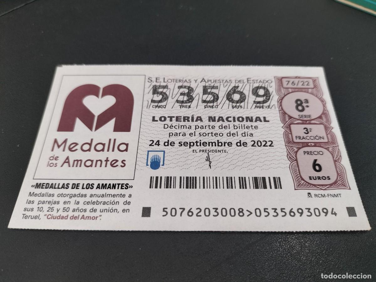 Nationale spanische Lotterie: 1 DECIMO LOTERIA SABADO 24 SEPTIEMBRE 2022 76/22 - TERUEL ( MEDALLAS DE LOS AMANTES -CIUDAD DEL AMOR