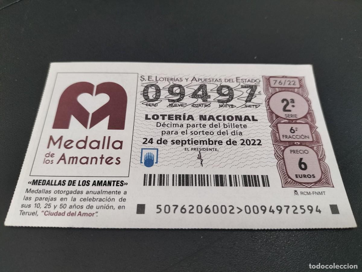 Nationale spanische Lotterie: 1 DECIMO LOTERIA SABADO 24 SEPTIEMBRE 2022 76/22 - TERUEL ( MEDALLAS DE LOS AMANTES -CIUDAD DEL AMOR