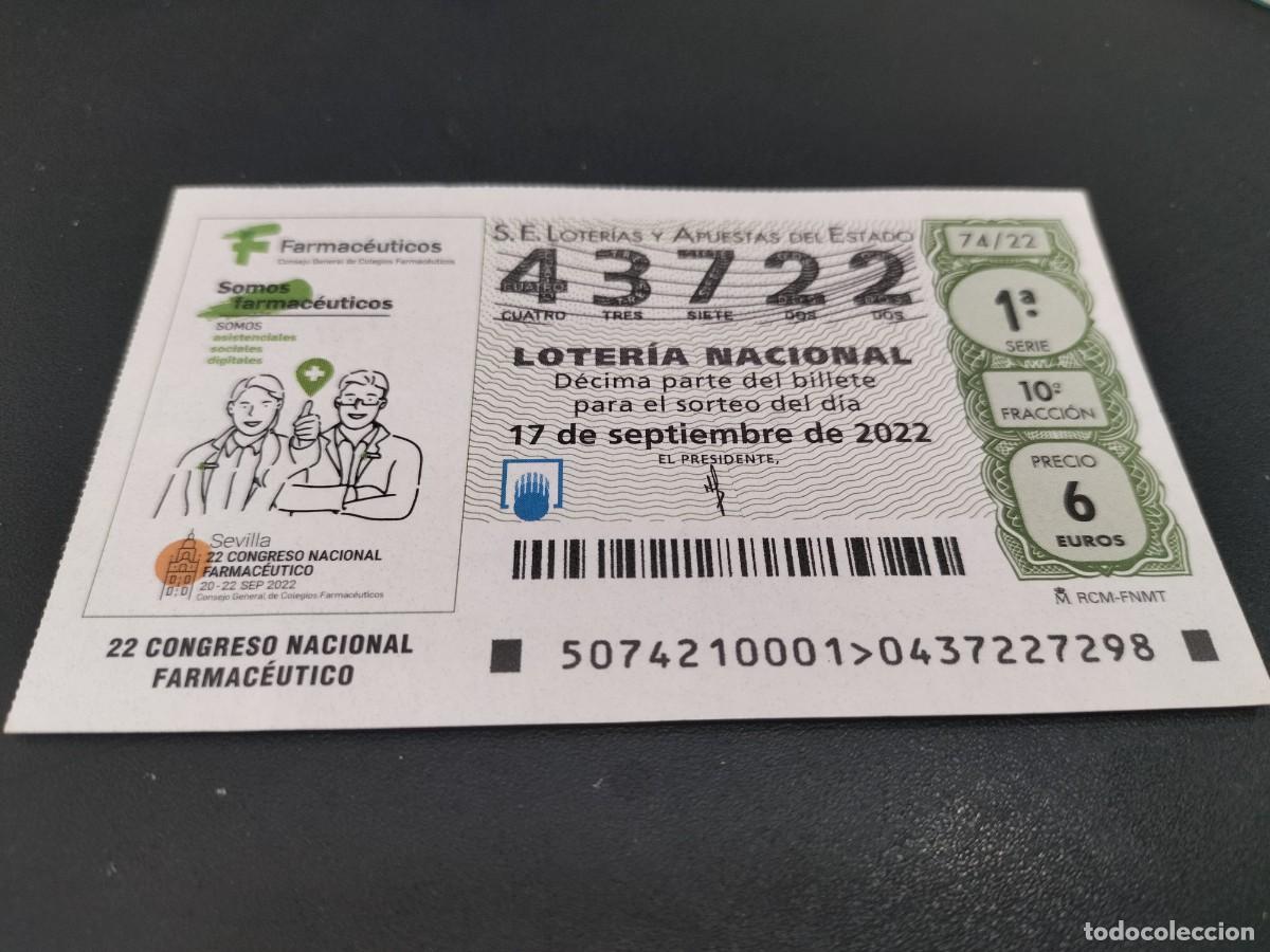 Nationale spanische Lotterie: 1 DECIMO LOTERIA SABADO 17 SEPTIEMBRE 2022 - 74/22 - FARMACIA - 22 CONGRESO NACIONAL FARMACEUTICO