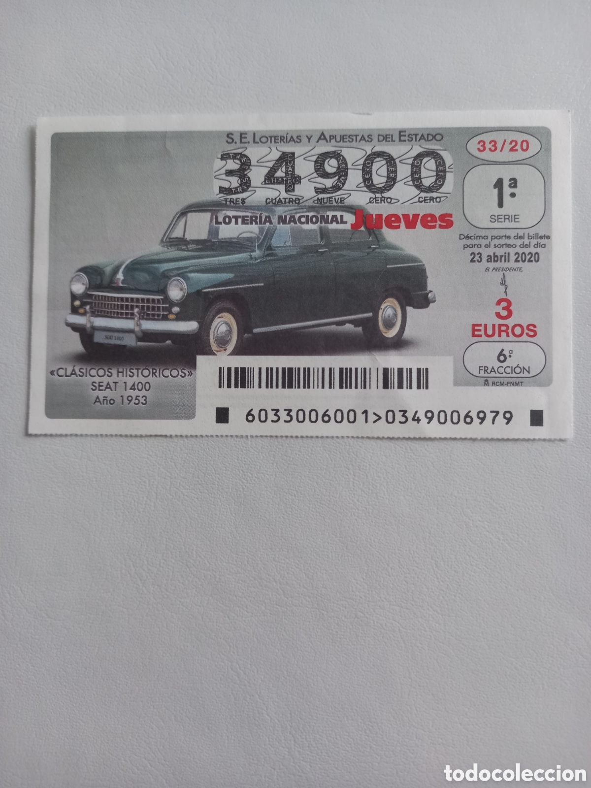 National Spanish Lottery: LOTER&Iacute;A 23 ABRIL 2020 - CL&Aacute;SICOS HIST&Oacute;RICOS. SEAT 1400. A&Ntilde;O 1953