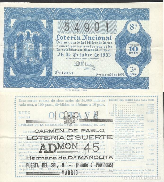 National Spanish Lottery: Loterofilia, billete de loter&iacute;a de diez pesetas, d&eacute;cimo del 26 de Octubre de 1953. Escudo nacional.