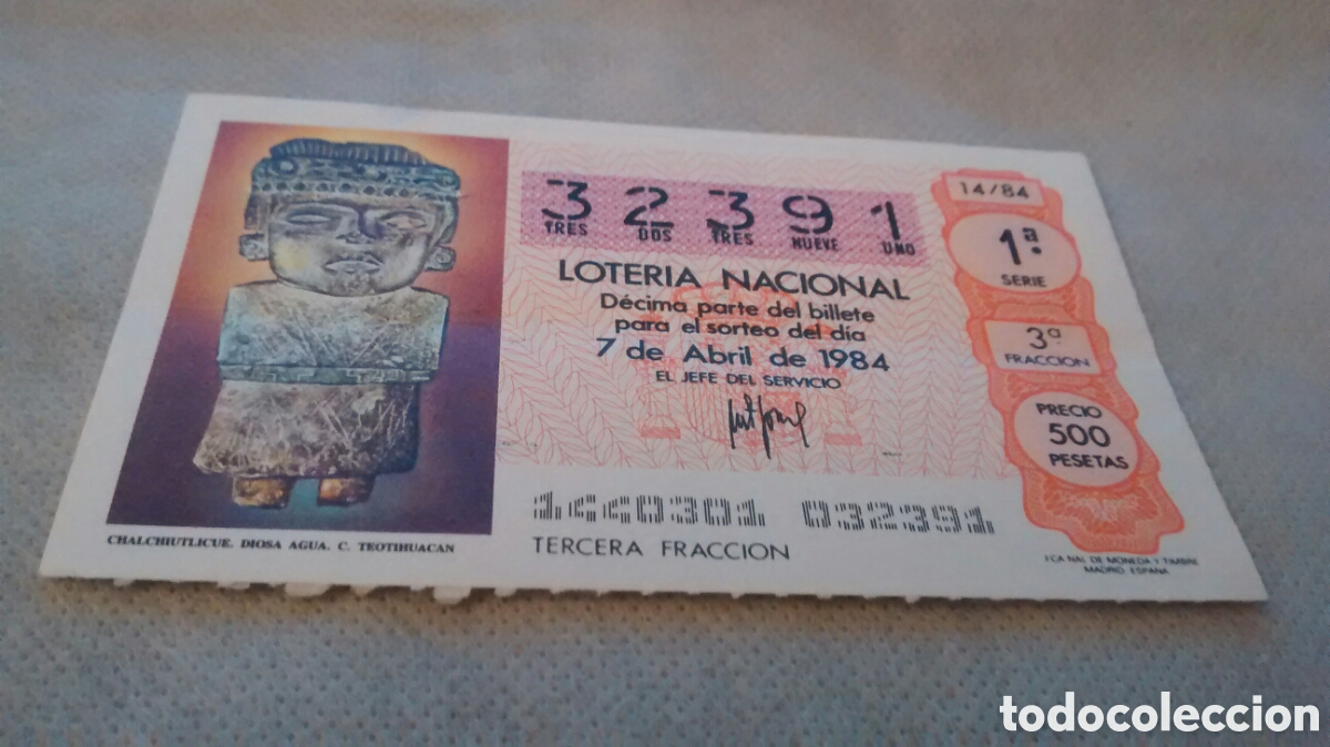 National Spanish Lottery: DECIMO DE LA LOTERIA NACIONAL.SORTEO 7 ABRIL 1984 14/84 DIOSA AGUA