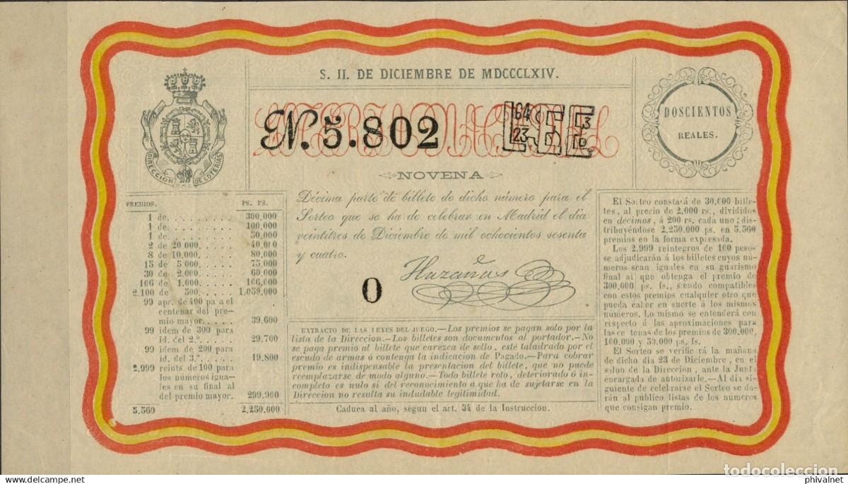 Nationale spanische Lotterie: LOTERIA NACIONAL A&Ntilde;O 1864 SORTEO NAVIDAD EN PERFECTO ESTADO