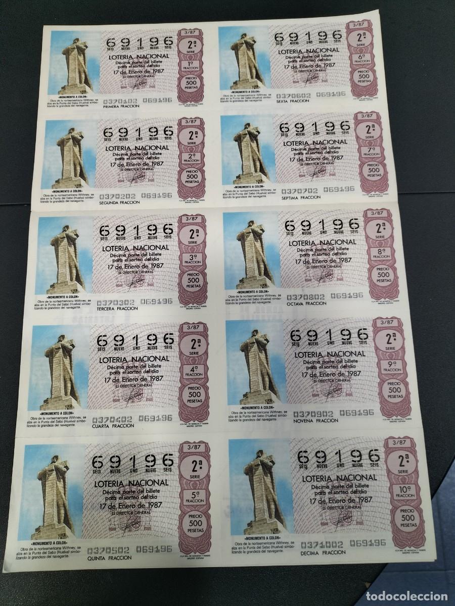 Loter&iacute;a Nacional: 1 BILLETE LOTERIA SABADO - 17 ENERO 1987 - 3/87 CAPICUA MONUMENTO A COLON - PUNTA DEL SEBO ( HUELVA