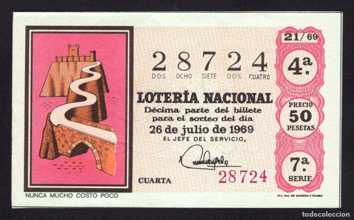 National Spanish Lottery: L. Nacional. 26 Julio 1969. Nunca mucho costo poco. N&ordm; 28724. Adm&oacute;n n&ordm; 5 Le&oacute;n. Desaparecida.