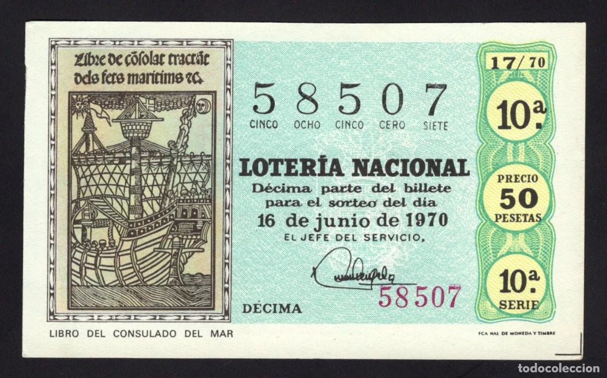 National Spanish Lottery: L. Nacional. Libro del Consulado del Mar. 16 de Junio de 1970. N&ordm; 58507. Adm&oacute;n 37 Barcelona.