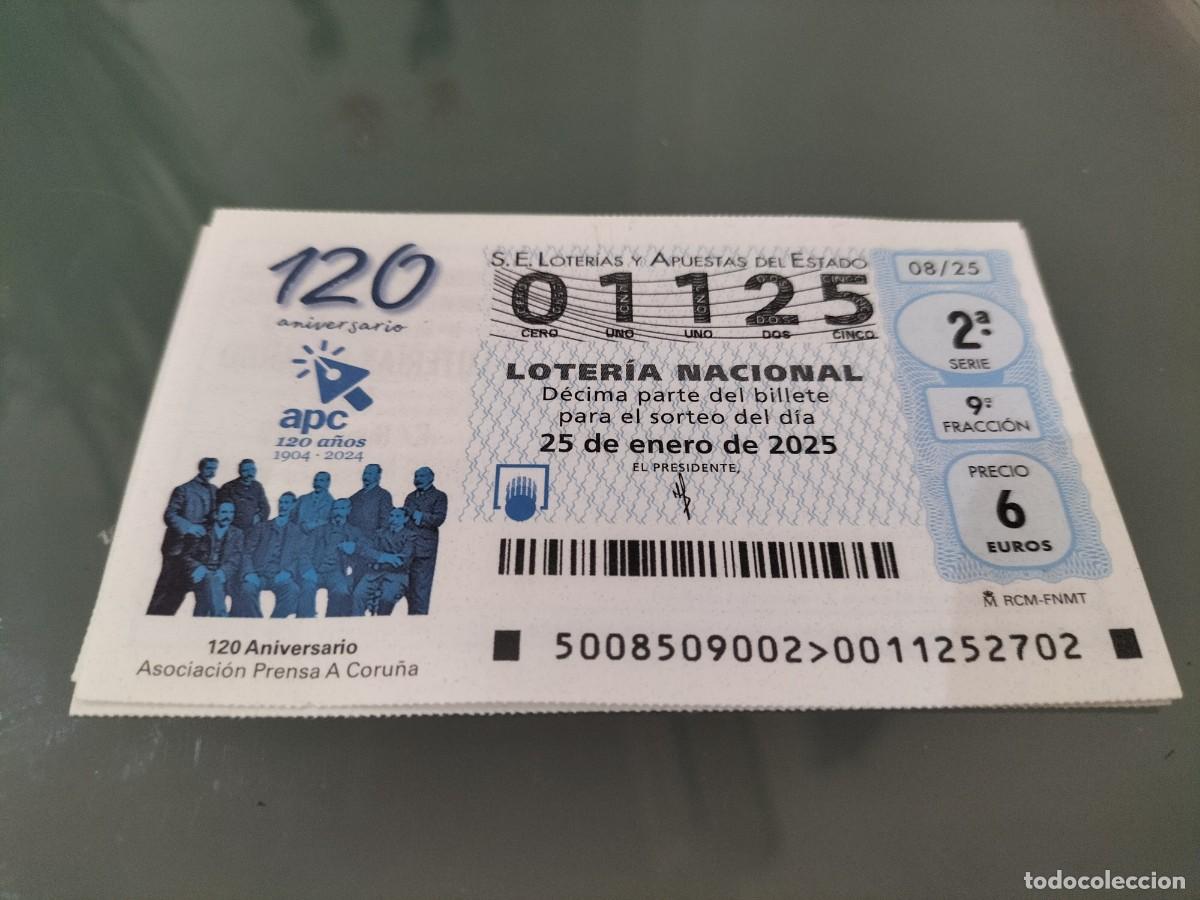 Nationale spanische Lotterie: 1 D&Eacute;CIMO LOTERIA SABADO 25 ENERO 2025 - 8/25 - ASOCIACION PRENSA PERIODISTAS A CORU&Ntilde;A - 120 ANIV