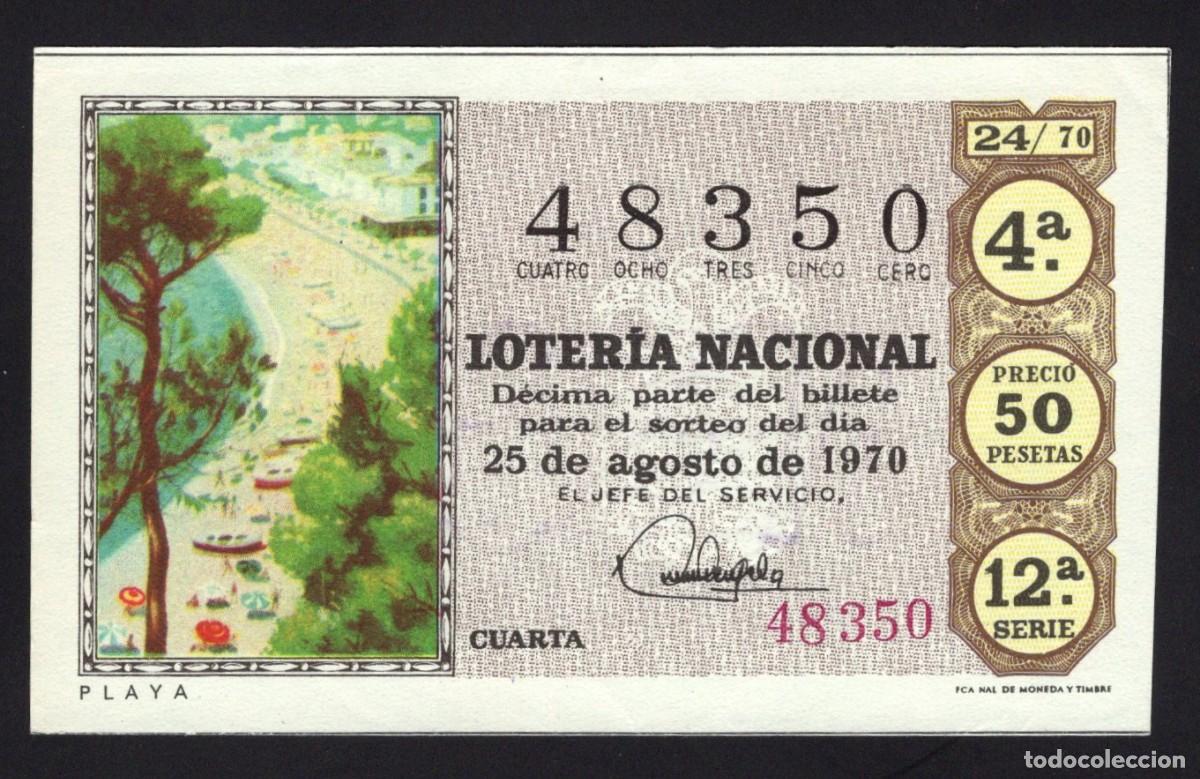 National Spanish Lottery: L. Nacional. Sorteo 24/70. Playa. 25 de Agosto de 1970. N&ordm; 48350. Adm&oacute;n Amparito. Madrid.