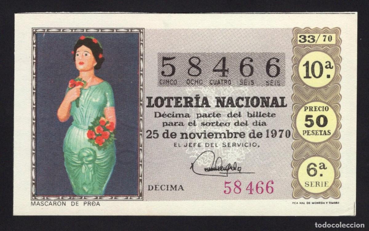 National Spanish Lottery: L. Nacional. 25 de Noviembre de 1970. Mascar&oacute;n de proa. N&ordm; 58466. Adm&oacute;n 2 Casa Arias. C&aacute;diz.