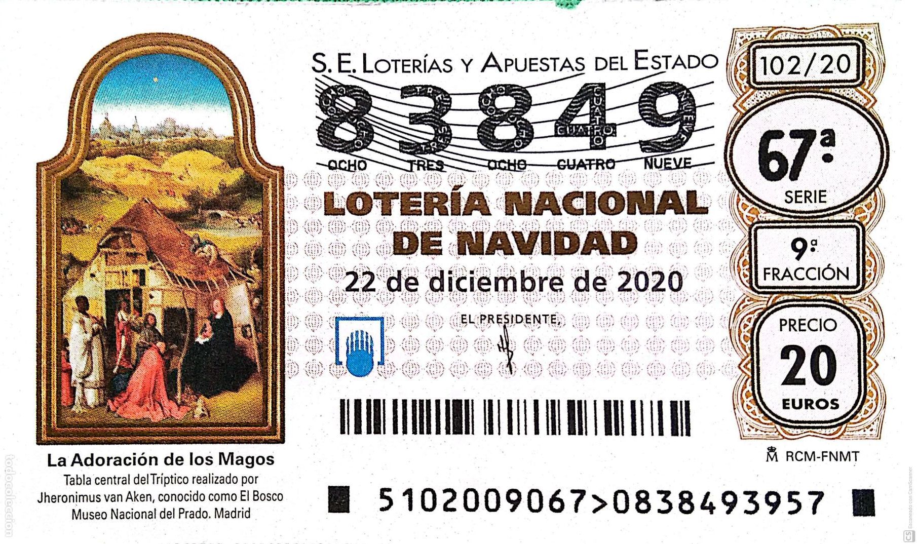 National Spanish Lottery: Espa&ntilde;a. Loter&iacute;a. 2020. Sorteo: 102 La adoraci&oacute;n de los Magos de El Bosco. Fecha: 22 diciembre