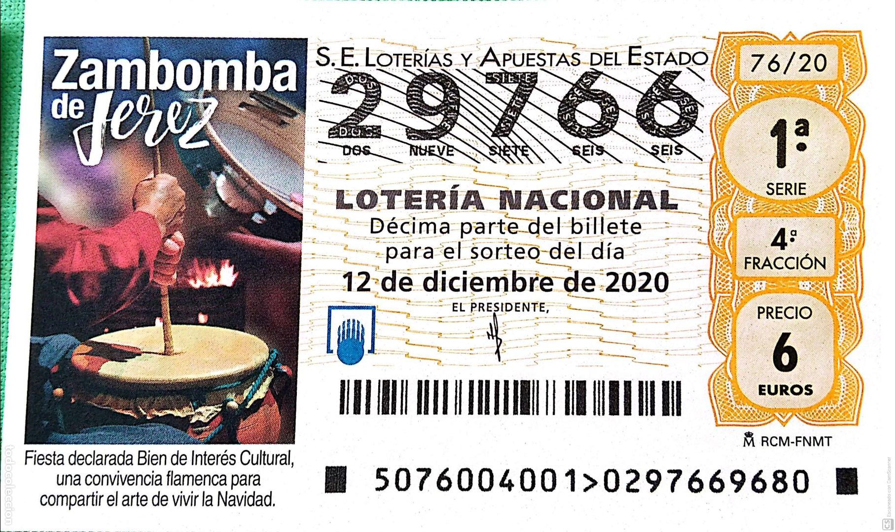 National Spanish Lottery: Espa&ntilde;a. Loter&iacute;a. 2020. Sorteo: 76 Zambomba de Jerez. Fiesta declarada Bien de Inter&eacute;s Cultural. Fech