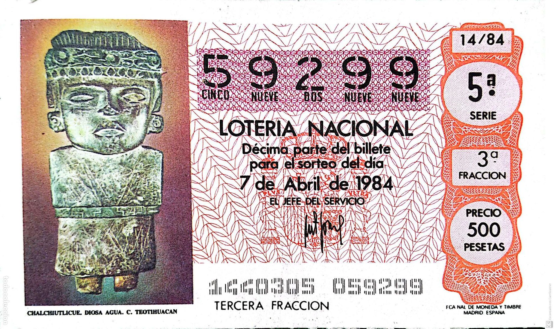 National Spanish Lottery: Espa&ntilde;a. Loter&iacute;a. 1984. Sorteo: 14 Chalchiutlicue, diosa Agua. C. Theothihuacan. Fecha: 7 abril.