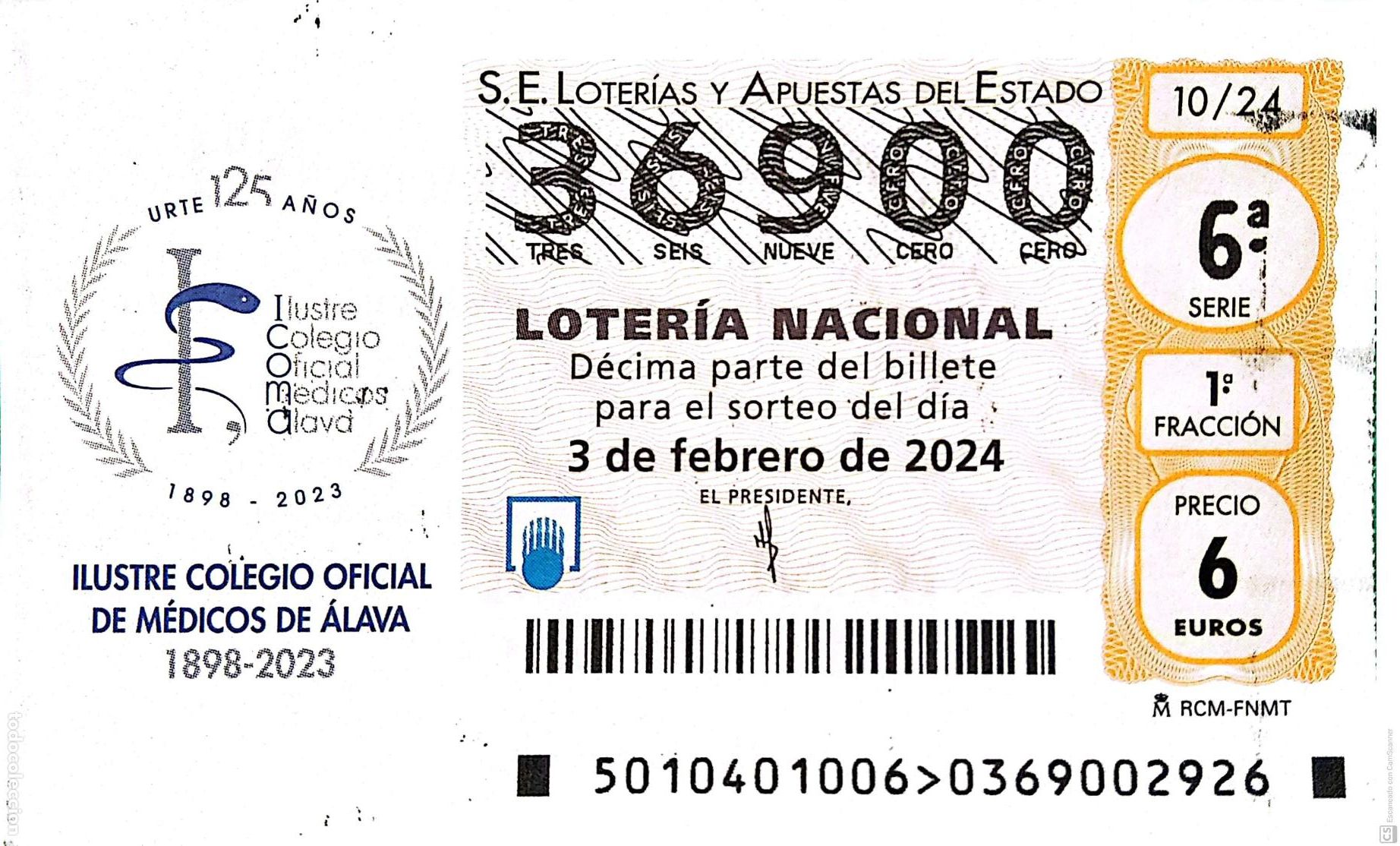 National Spanish Lottery: Espa&ntilde;a. Loter&iacute;a. 2024. Sorteo: 10 Ilustre Colegio Oficial de M&eacute;dicos de &Aacute;lava 1898/2023. Fecha: 3 fe