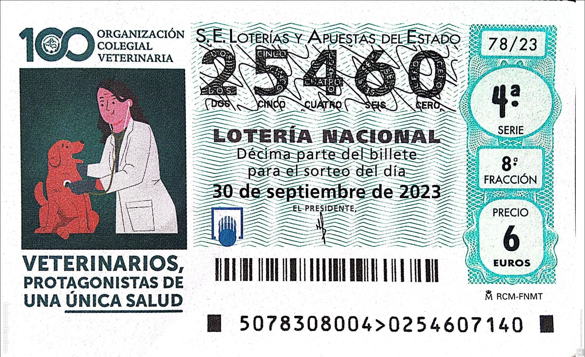 National Spanish Lottery: Espa&ntilde;a. Loter&iacute;a. 2023. Sorteo: 78 100 Organizaci&oacute;n Colegial Veterinaria. Fecha: 30 Septiembre.