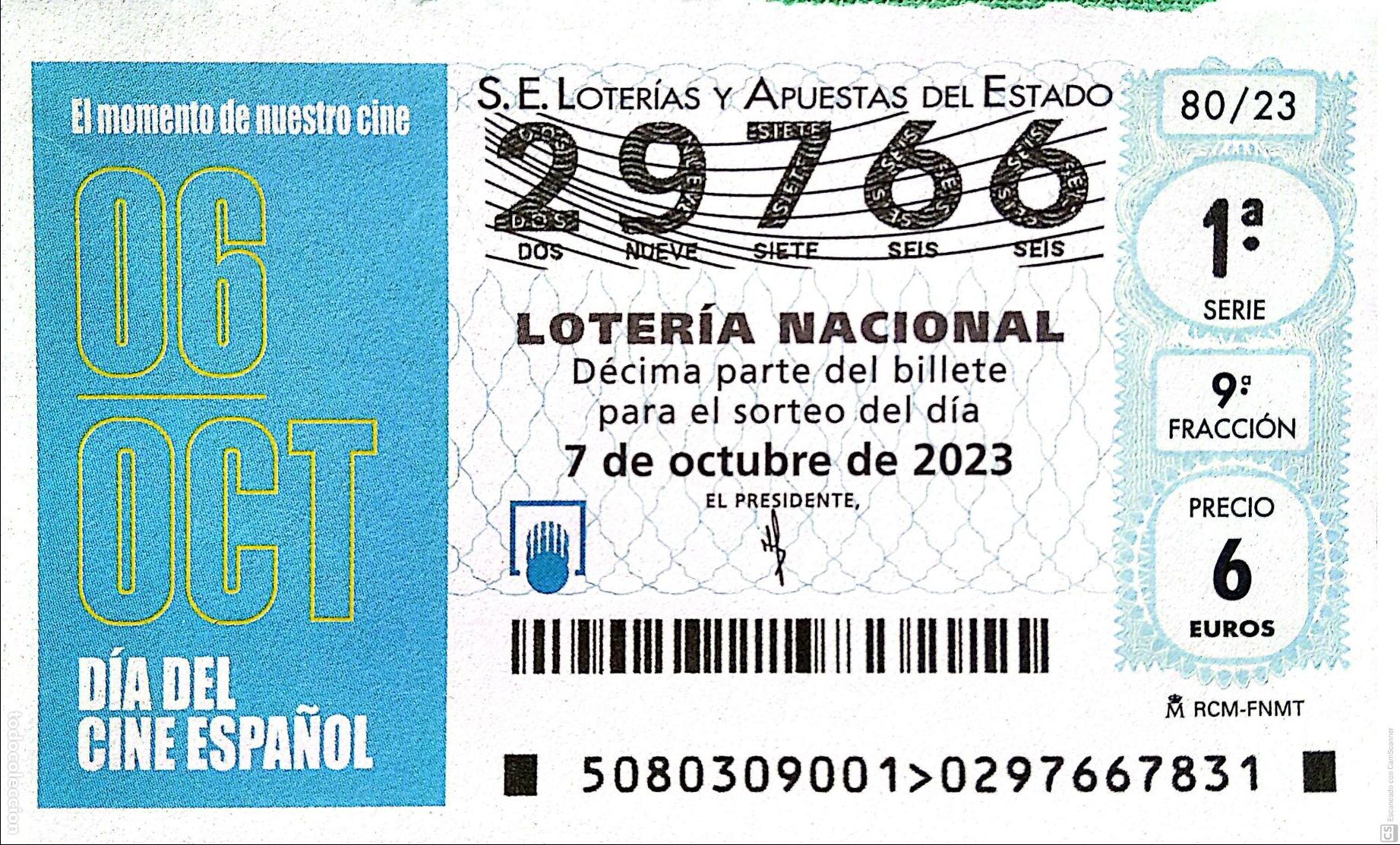 National Spanish Lottery: Espa&ntilde;a. Loter&iacute;a. 2023. Sorteo: 80 D&iacute;a del Cine Espa&ntilde;ol. Fecha: 7 octubre