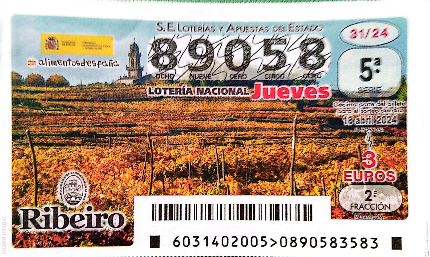 National Spanish Lottery: Espa&ntilde;a. Loter&iacute;a. 2024. Sorteo: 31 Alimentos de Espa&ntilde;a: Ribeiro. Fecha: 18 abril