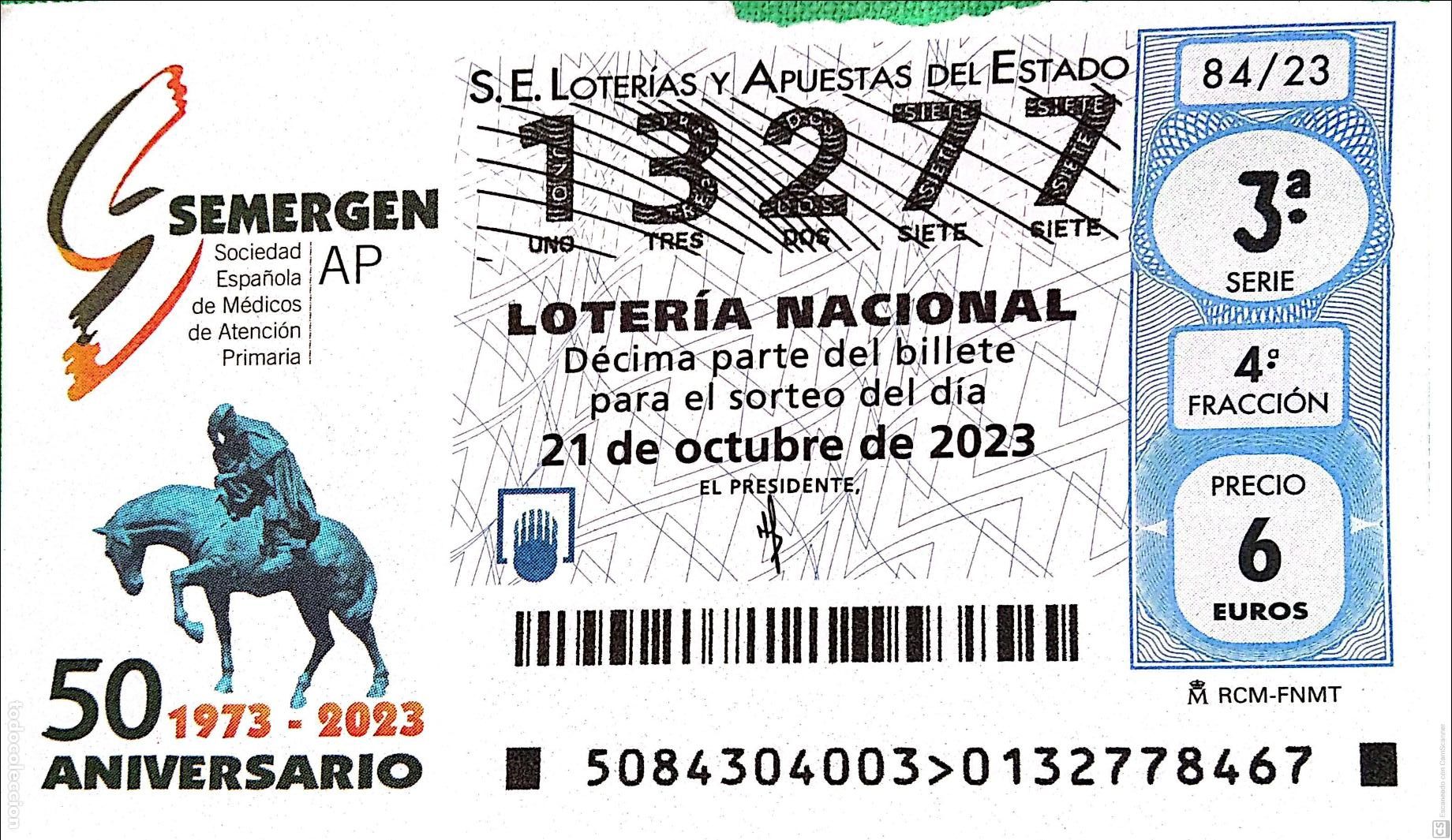 National Spanish Lottery: Espa&ntilde;a. Loter&iacute;a. 2023. Sorteo: 84 SEMERGEN Sociedad Espa&ntilde;ola de M&eacute;dicos de Atenci&oacute;n Primaria. Fecha: