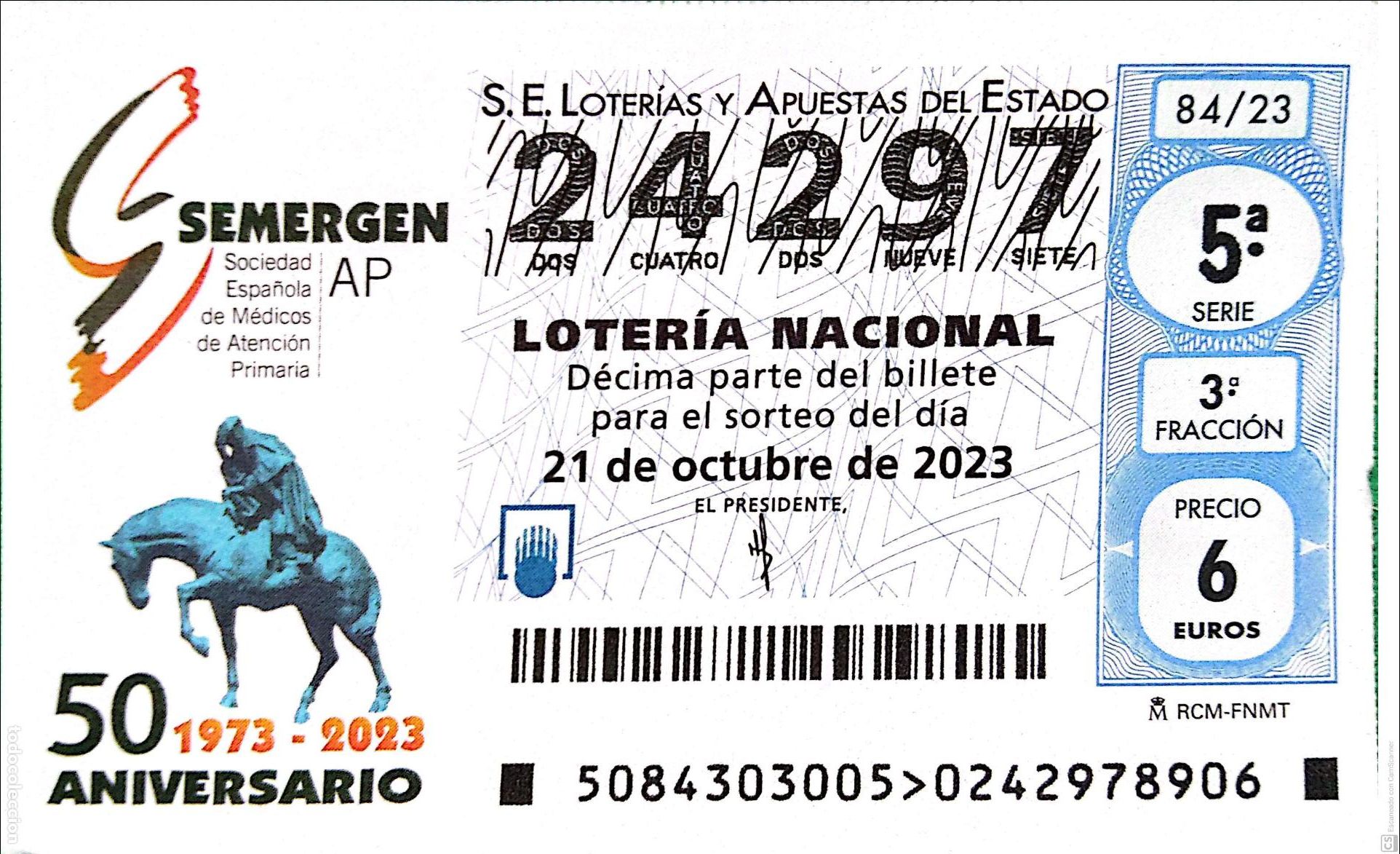 National Spanish Lottery: Espa&ntilde;a. Loter&iacute;a. 2023. Sorteo: 84 SEMERGEN Sociedad Espa&ntilde;ola de M&eacute;dicos de Atenci&oacute;n Primaria. Fecha: