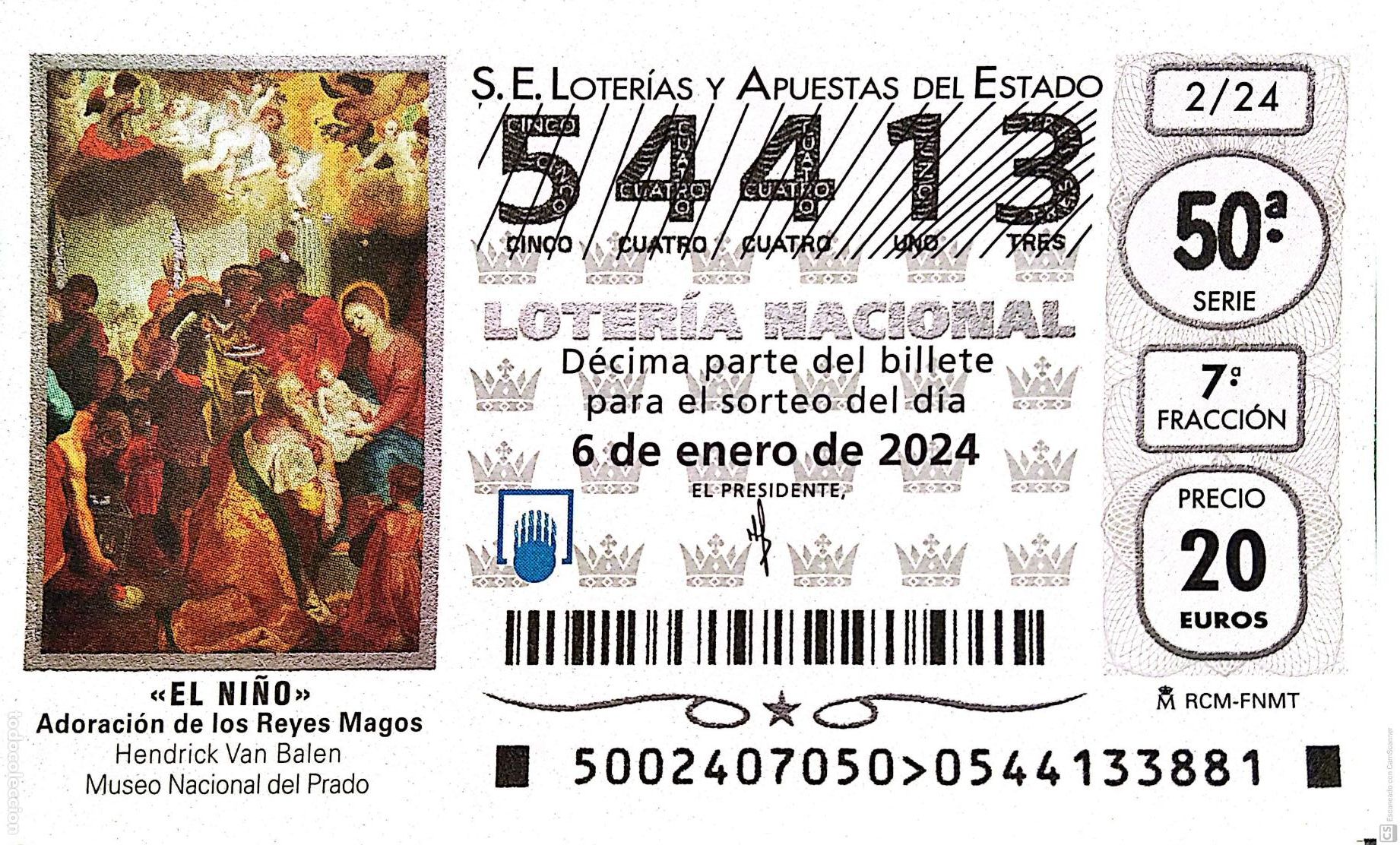 National Spanish Lottery: Espa&ntilde;a. Loter&iacute;a. 2024. Sorteo: 2 El Ni&ntilde;o. Adoraci&oacute;n de los Reyes Magos de Hendrick Van Balen. Fecha.