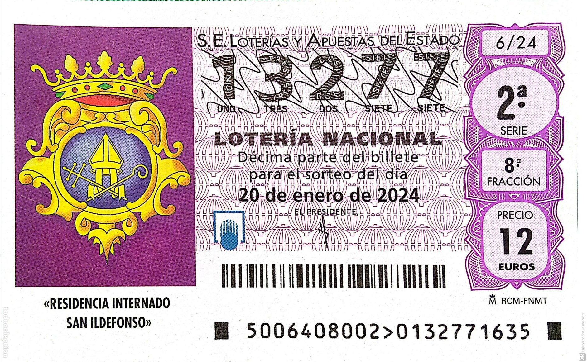 National Spanish Lottery: Espa&ntilde;a. Loter&iacute;a. 2024. Sorteo: 6 Residencia Internado San Ildefonso. Fecha: 20 enero