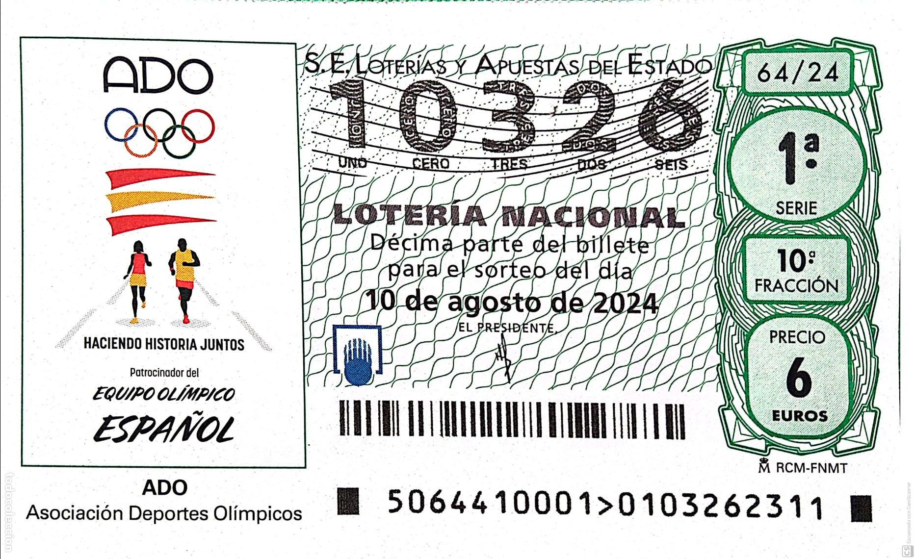 National Spanish Lottery: Espa&ntilde;a. Loter&iacute;a. 2024. Sorteo: 64 ADO Haciendo Historia Juntos. Asociaci&oacute;n Deportes Ol&iacute;mpicos. Fecha