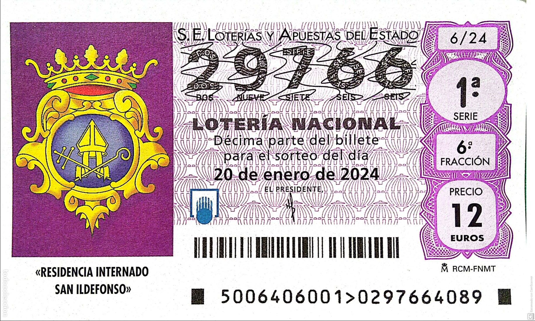 National Spanish Lottery: Espa&ntilde;a. Loter&iacute;a. 2024. Sorteo: 6 Residencia Internado San Ildefonso. Fecha: 20 enero