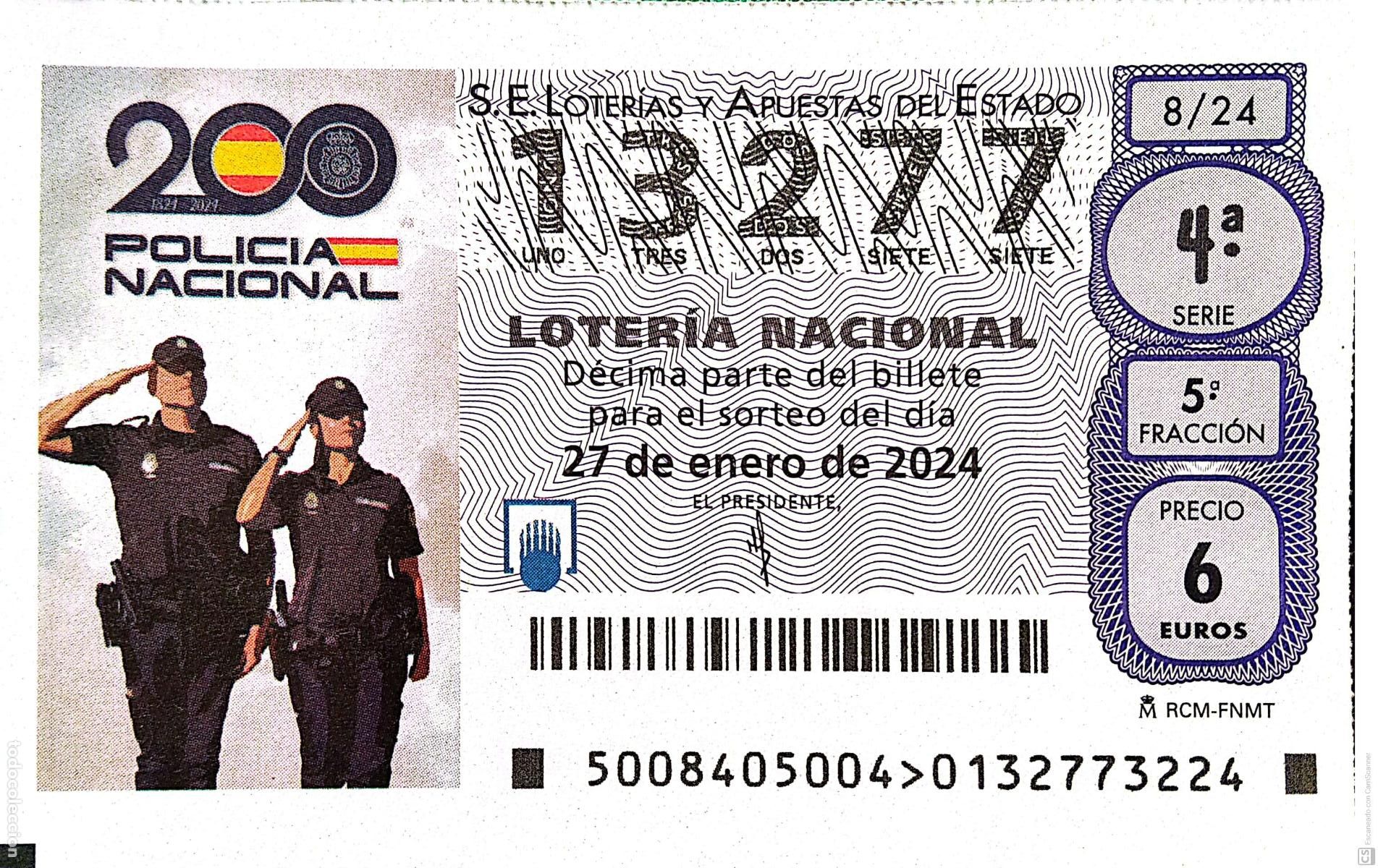 National Spanish Lottery: Espa&ntilde;a. Loter&iacute;a. 2024. Sorteo: 8 200 Policia Nacional. Fecha: 27 enero