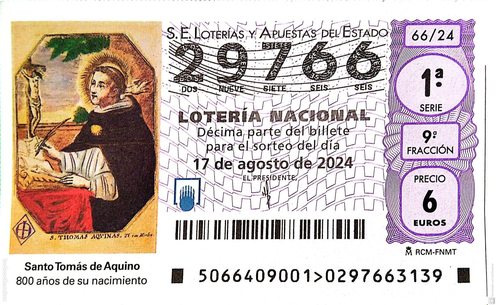 National Spanish Lottery: Espa&ntilde;a. Loter&iacute;a. 2024. Sorteo: 66 Santo Tom&aacute;s de Aquino. 800 a&ntilde;os de su nacimiento. Fecha: 17 agosto
