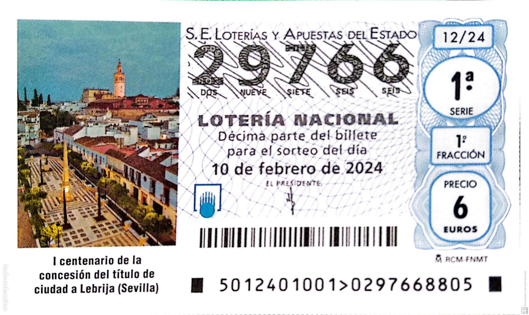National Spanish Lottery: Espa&ntilde;a. Loter&iacute;a. 2024. Sorteo: 12 I Centenario de la concesi&oacute;n del t&iacute;tulo de ciudad a Lebrija (Sevil
