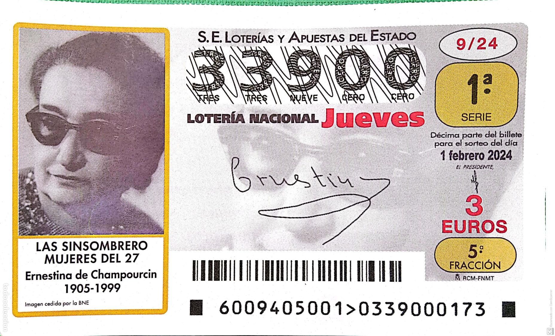 National Spanish Lottery: Espa&ntilde;a. Loter&iacute;a. 2024. Sorteo: 9 Las Sinsombrero Mujeres del 27. Ernestina de Champourcin 1905-1999.