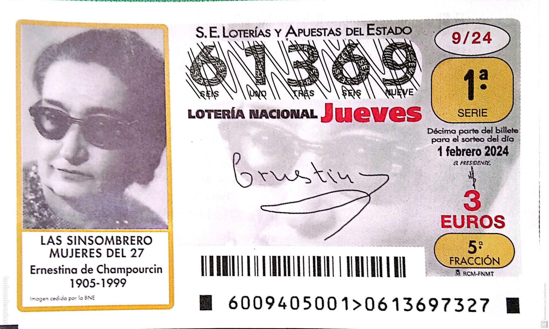 National Spanish Lottery: Espa&ntilde;a. Loter&iacute;a. 2024. Sorteo: 9 Las Sinsombrero Mujeres del 27. Ernestina de Champourcin 1905-1999.