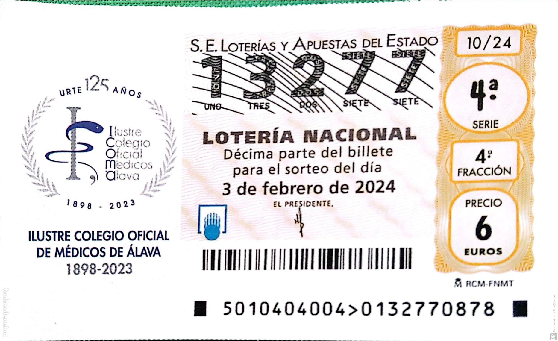 National Spanish Lottery: Espa&ntilde;a. Loter&iacute;a. 2024. Sorteo: 10 Ilustre Colegio Oficial de M&eacute;dicos de &Aacute;lava 1898/2023. Fecha: 3 fe
