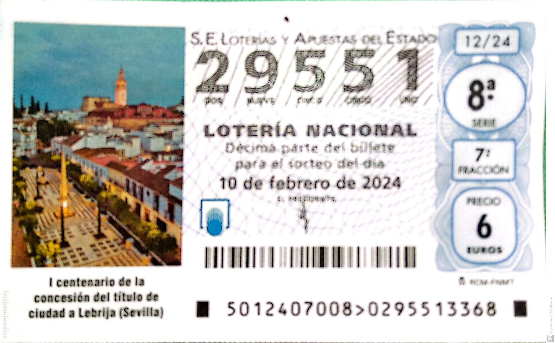 Nationale spanische Lotterie: Espa&ntilde;a. Loter&iacute;a. 2024. Sorteo: 12 I Centenario de la concesi&oacute;n del t&iacute;tulo de ciudad a Lebrija (Sevil