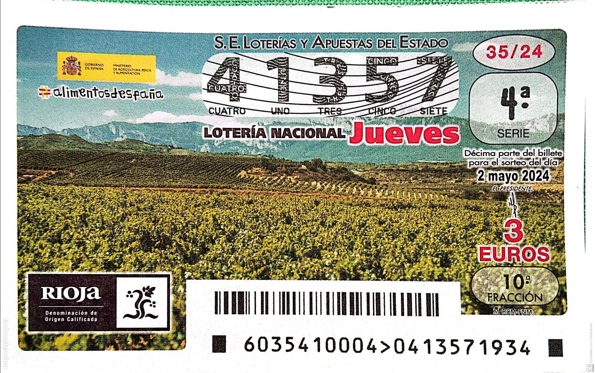 Nationale spanische Lotterie: Espa&ntilde;a. Loter&iacute;a. 2024. Sorteo: 35 Alimentos de Espa&ntilde;a: Rioja. Fecha: 2 mayo.